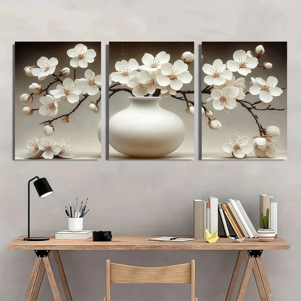 3pcs Cherry Blossom White Vase & Branches Metal Print Ready to Hang Art