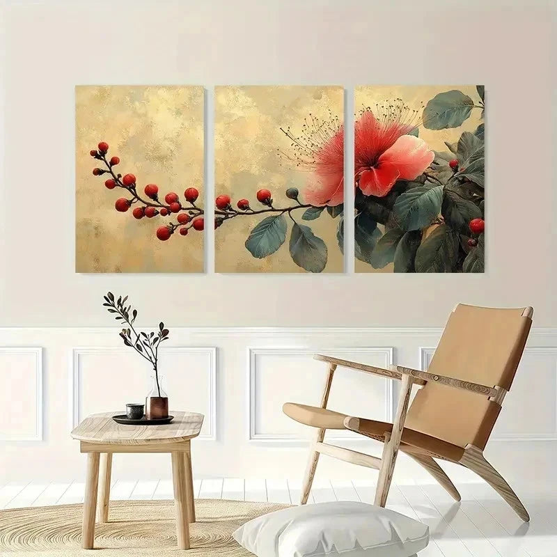 3pcs Calandra Beige Red Tropical Plant Perfect Wall Art Set Canvas Framed 40x60cm - High Quality Print 100% Australian Made Wall Canvas Ready to Hang