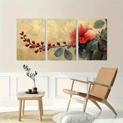 3pcs Calandra Beige Red Tropical Plant Perfect Wall Art Set Canvas Framed 40x60cm - High Quality Print 100% Australian Made Wall Canvas Ready to Hang