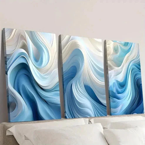 3pcs Abstract Blue and White Swirl Wave Wall Art Canvas Unframed - High Quality Print 100% Australian Made Wall Canvas