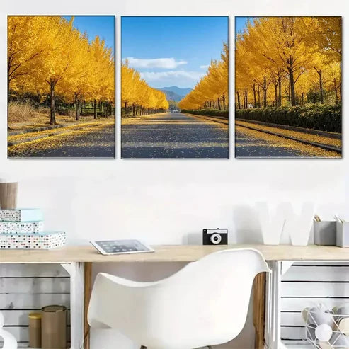 3pcs Golden Autumn Avenue Triptych Wall Art Set Wall Art Canvas Unframed - High Quality Print 100% Australian Made Wall Canvas