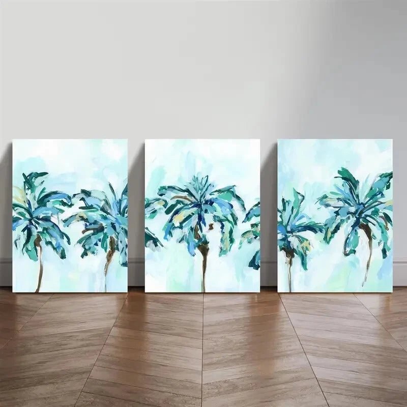 3pcs Blue Palm Tree and Tropical Scene Wall Art Set Canvas Framed 40x60cm - High Quality Print 100% Australian Made Wall Canvas Ready to Hang