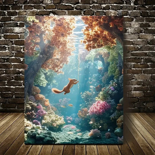 Realistic Scene Squirrel Swinging From Tree Painting 40x60cm Metal Print Ready to Hang
