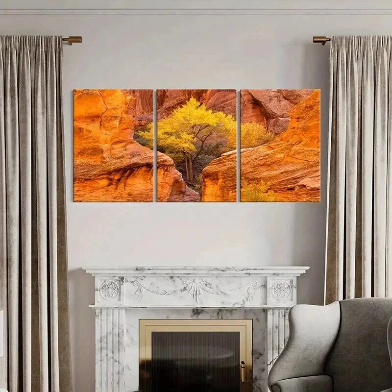 3pcs Autumn Golden Trees on a Valley Wall Art Set Canvas Framed 40x60cm - High Quality Print 100% Australian Made Wall Canvas Ready to Hang
