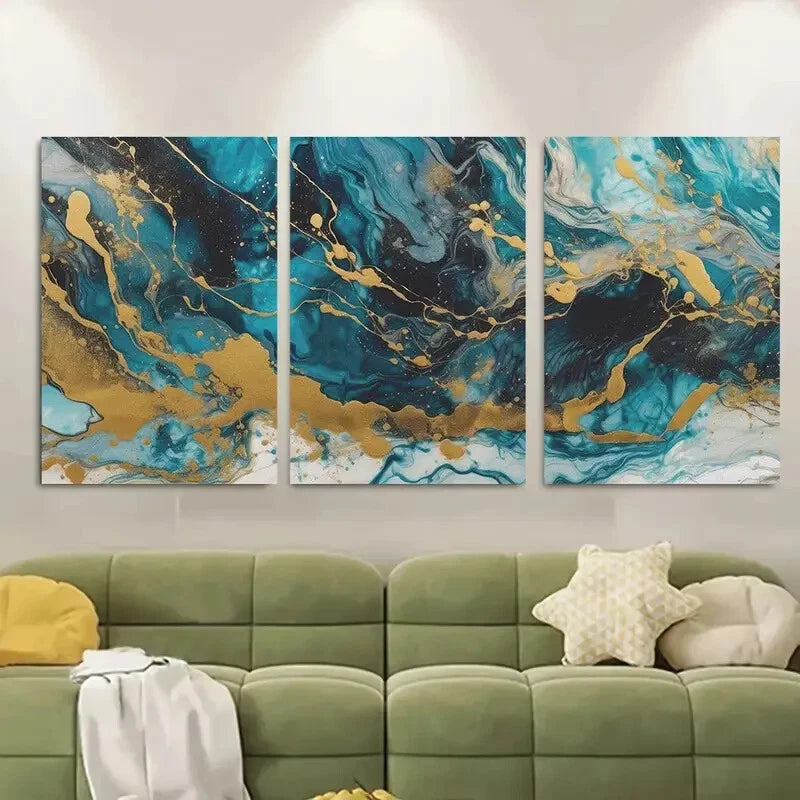 3pcs Abstract Marble Blue Golden Black Swirls Metal Print Ready to Hang Art