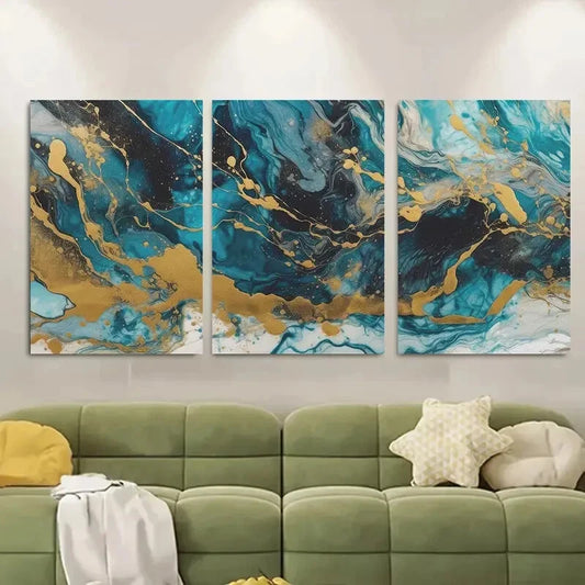 3pcs Abstract Marble Blue Golden Black Swirls Metal Print Ready to Hang Art