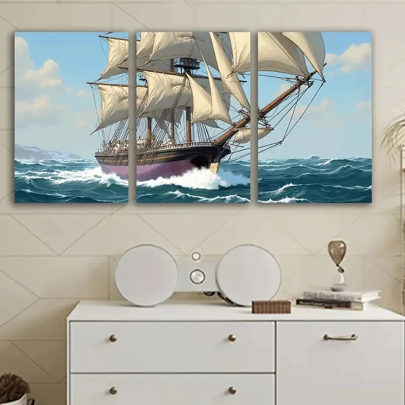 3pcs Tall Ship Artwork Wall Art Set Canvas Framed 60x90cm - High Quality Print 100% Australian Made Wall Canvas Ready to Hang