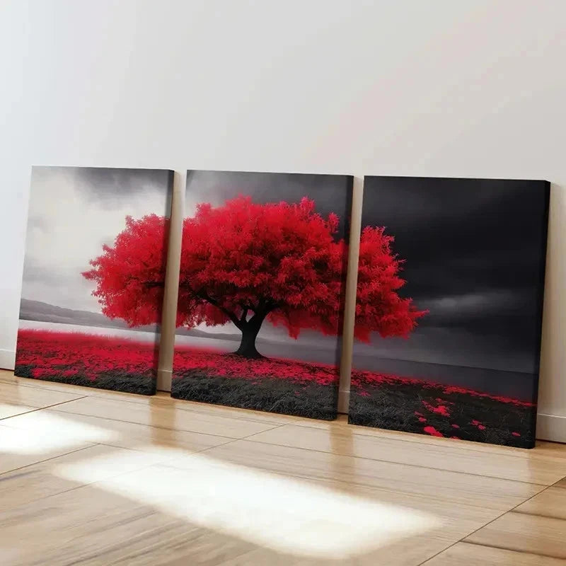 3pcs Serene Red Tree & Dark Sky Vibrant Wall Art Set Canvas Framed 40x60cm - High Quality Print 100% Australian Made Wall Canvas Ready to Hang