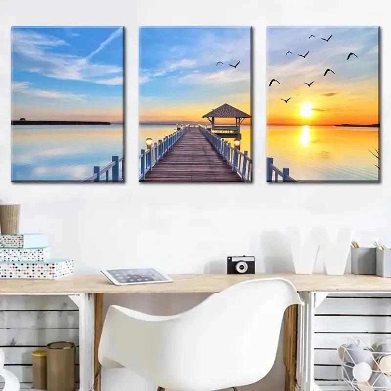 3pcs Bridge By The Seaside And A Sunset Perfect Wall Art Set Canvas Framed 40x60cm - High Quality Print 100% Australian Made Wall Canvas Ready to Hang