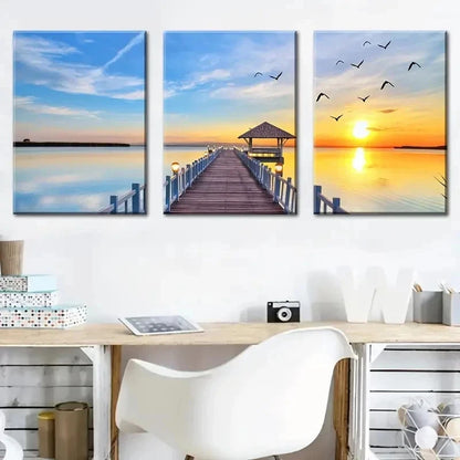 3pcs Bridge By The Seaside And A Sunset Perfect Wall Art Set Canvas Framed 40x60cm - High Quality Print 100% Australian Made Wall Canvas Ready to Hang