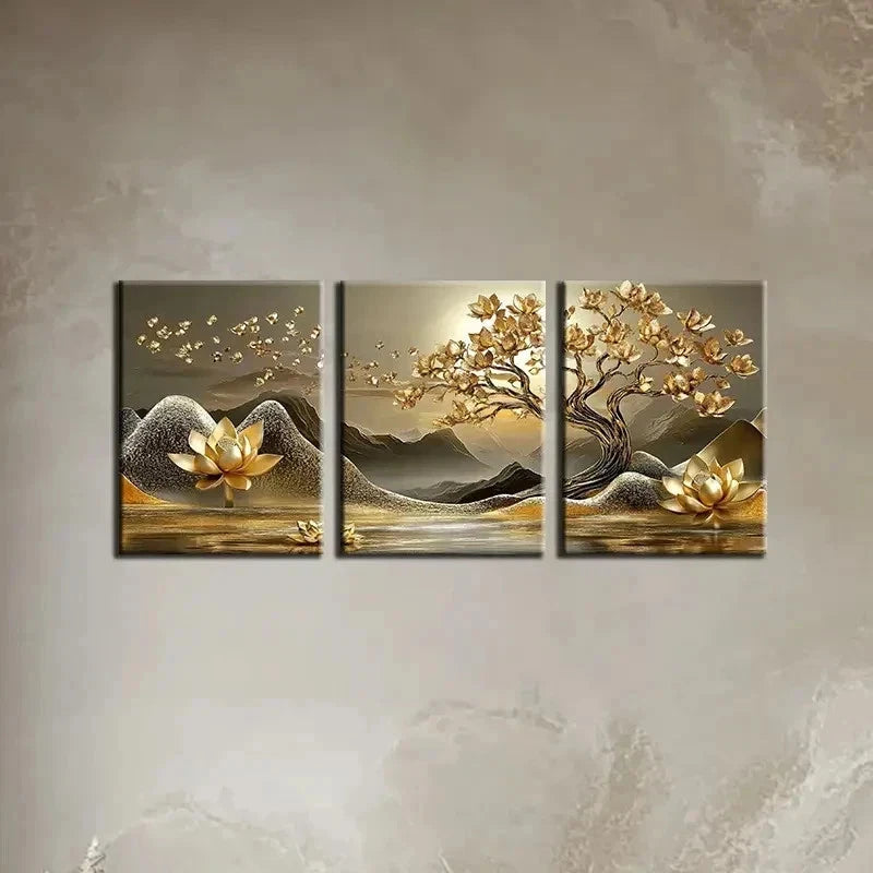 3pcs Golden For Lotus Tree Of Life Perfect Wall Art Set Canvas Framed 40x60cm - High Quality Print 100% Australian Made Wall Canvas Ready to Hang