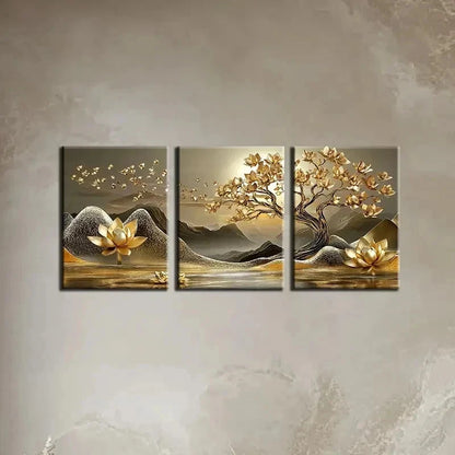 3pcs Golden For Lotus Tree Of Life Perfect Wall Art Set Canvas Framed 40x60cm - High Quality Print 100% Australian Made Wall Canvas Ready to Hang