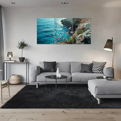 3pcs Ocean View Pink Flowers and Blue Sea Metal Print Ready to Hang Art