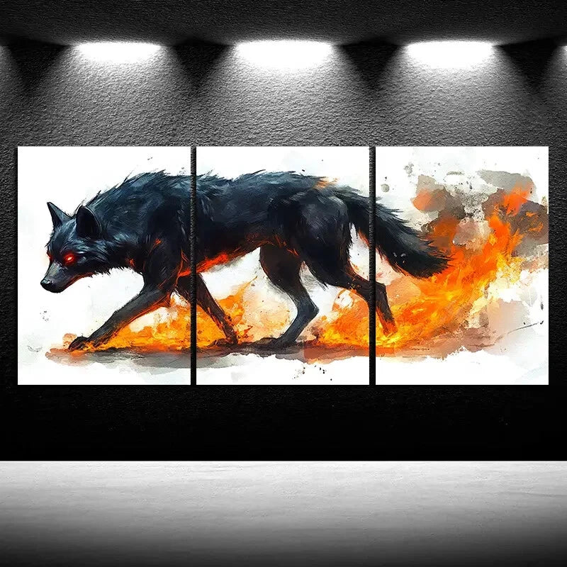 3pcs The Wolf In The Flames Fire Metal Print Ready to Hang Art