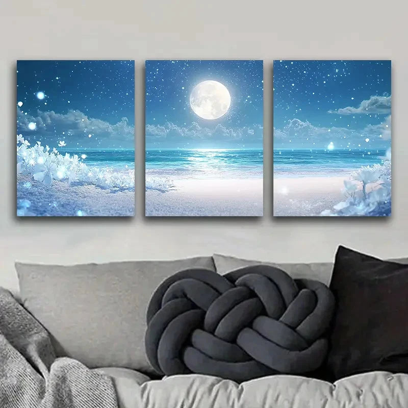 3pcs Beach Walk Painting Full Moon Metal Print Ready to Hang Art