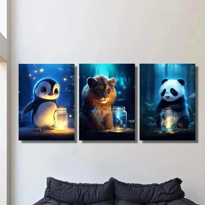 3pcs Enchanted Luminous Forest Creatures Wall Art Set Canvas Framed 50x70cm - High Quality Print 100% Australian Made Wall Canvas Ready to Hang