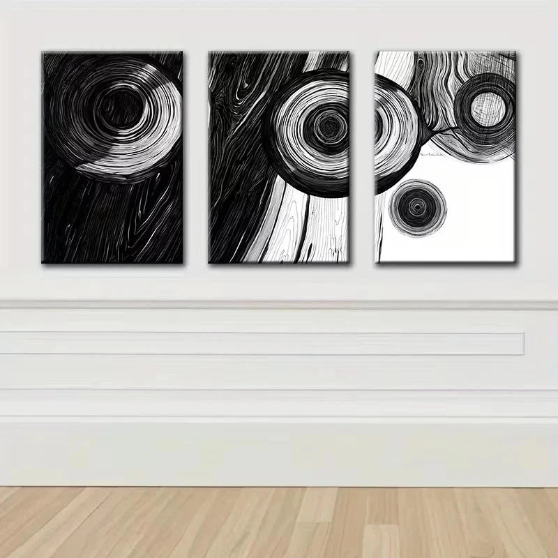 3pcs Black and white Abstract Wood Ring Metal Print Ready to Hang Art