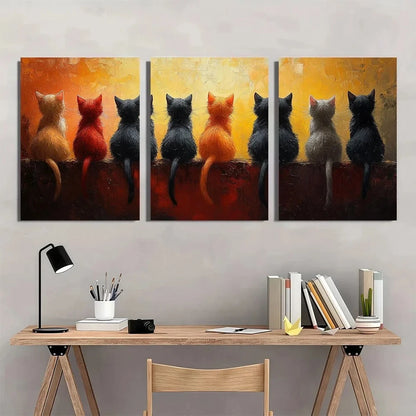 3pcs Vibrant Cat Family Modern Oil Painting Metal Print Ready to Hang Art