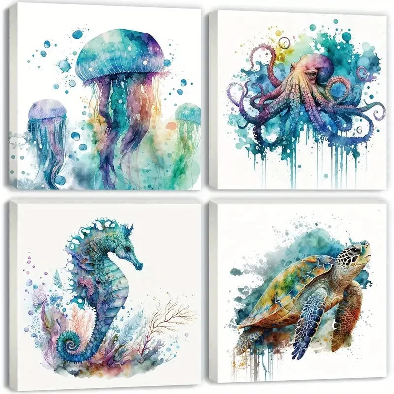 4pcs Ocean Bathroom  Wall Art Canvas Framed