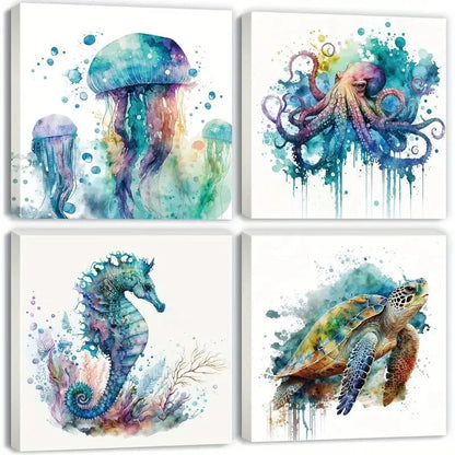 4pcs Ocean Bathroom  Wall Art Canvas Framed