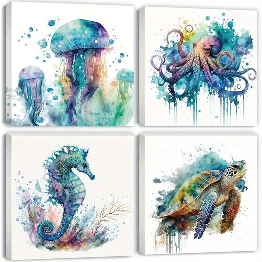 4pcs Ocean Bathroom  Wall Art Canvas Framed