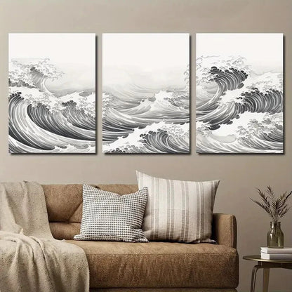3pcs Black and White Japanese Ocean Wave Wall Art Set Canvas Framed 40x60cm - High Quality Print 100% Australian Made Wall Canvas Ready to Hang