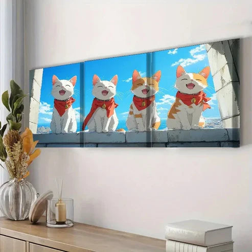3pcs Charming White Cat Cute Blue Sky Perfect Wall Art Set Canvas Unframed - High Quality Print 100% Australian Made Wall Canvas