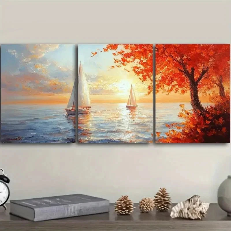 3pcs Serene Sailboat Sunset Wall Art Set Canvas Framed 60x90cm - High Quality Print 100% Australian Made Wall Canvas Ready to Hang