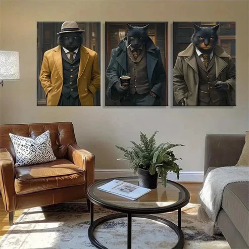 3pcs Stylish Feline in Classic Suits Cat Perfect Wall Art Canvas Unframed - High Quality Print 100% Australian Made Wall Canvas
