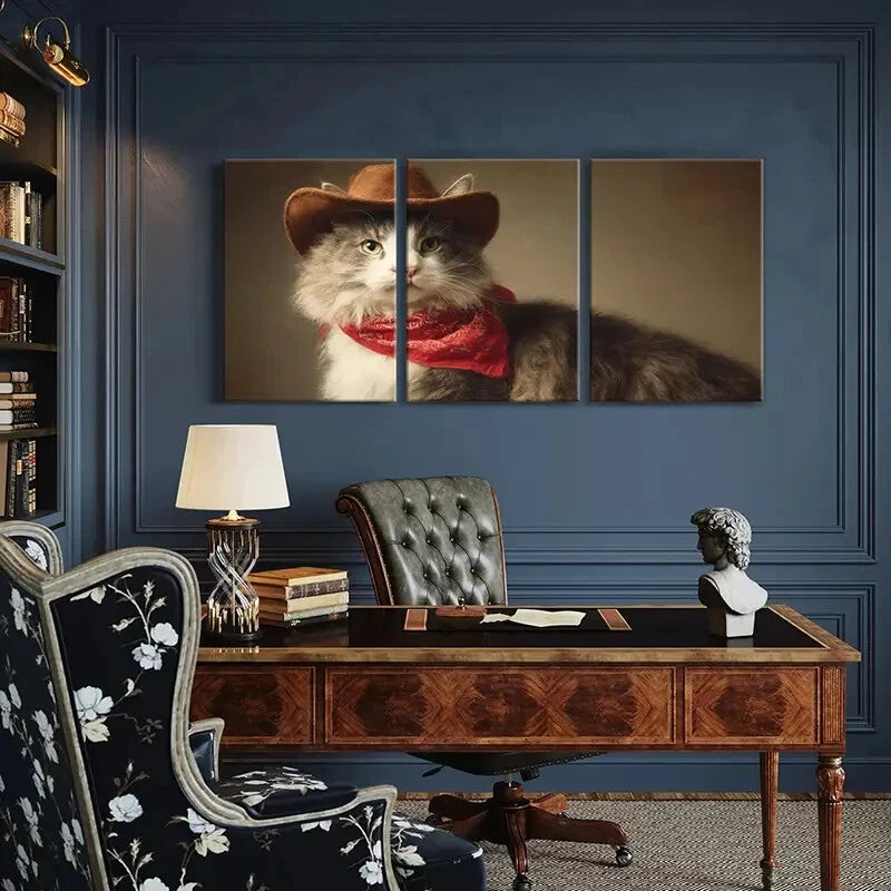 3pcs Red Bandana & Brown Hat Whiskers & Fluffy Fur Metal Print Ready to Hang Art