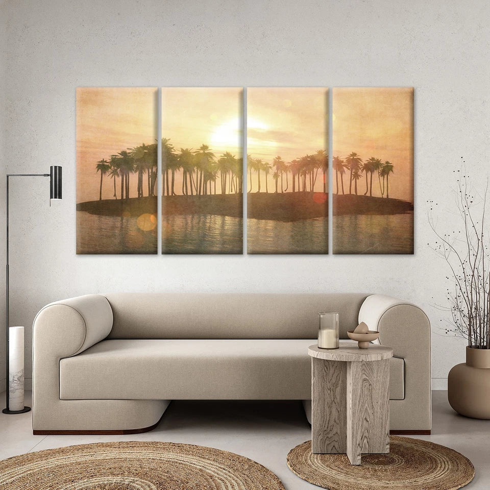4pcs Tropical Island Sunset with Palm Trees Wall Art Canvas Framed 45x80cm - High Quality Print 100% Australian Made Wall Canvas Ready to Hang