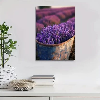 Vibrant Purple Lavender in Rustic Blue Bucket Painting 40x60cm Metal Print Ready to Hang