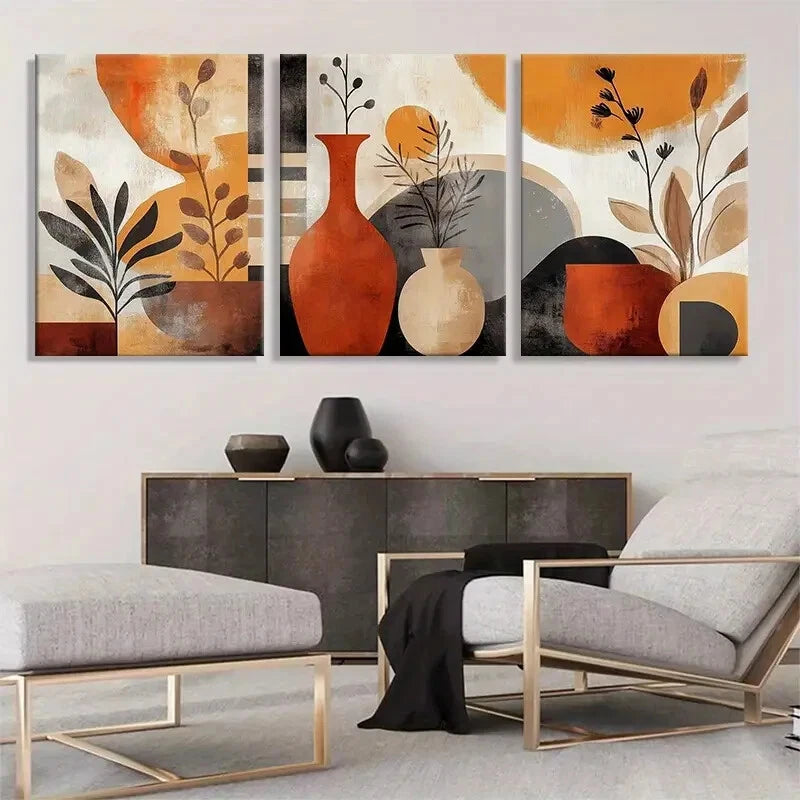 3pcs Abstract Vases Plants Beige Tones Perfect Wall Art Set Canvas Framed 40x60cm - High Quality Print 100% Australian Made Wall Canvas Ready to Hang