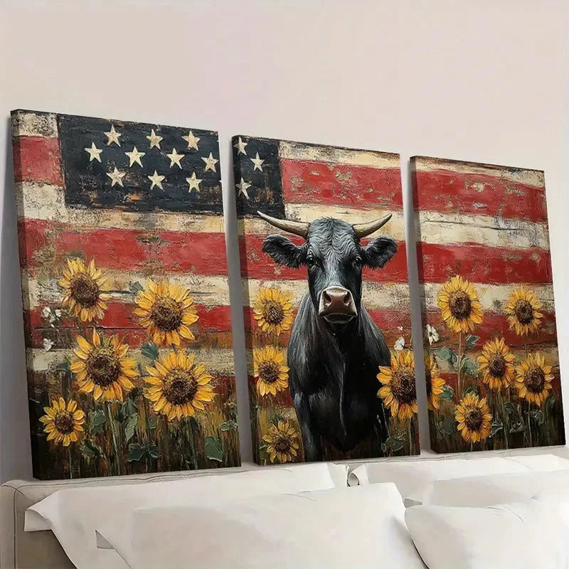 3pcs Vibrant Rustic Sunflower American Flag Cow Wall Art Set Canvas Framed 40x60cm - High Quality Print 100% Australian Made Wall Canvas Ready to Hang