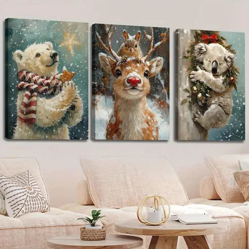 3pcs Cozy Winter Scene Bear, Deer & Koala Wall Art Set Canvas Unframed - High Quality Print 100% Australian Made Wall Canvas