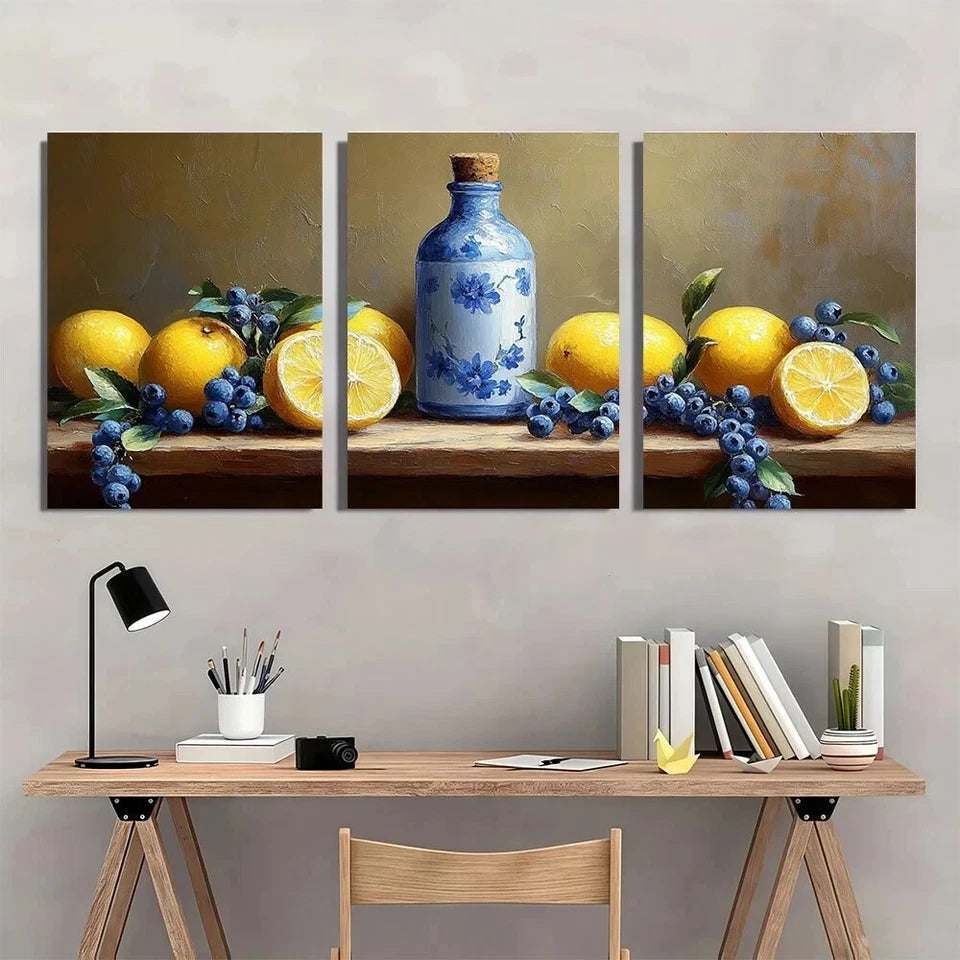 3pcs Blue and White Bottle & Lemon Metal Print Ready to Hang Art