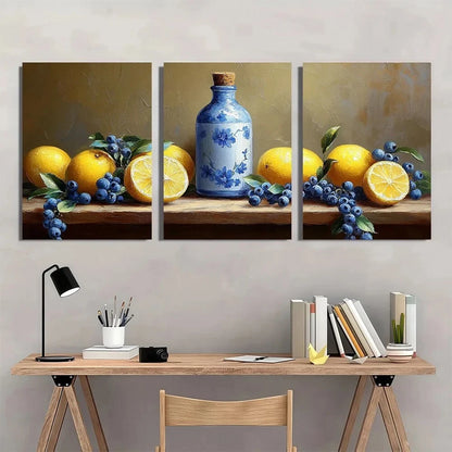 3pcs Blue and White Bottle & Lemon Metal Print Ready to Hang Art