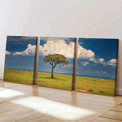 3pcs Blue Sky White Clouds Grassland & Tree Wall Art Set Canvas Framed 40x60cm - High Quality Print 100% Australian Made Wall Canvas Ready to Hang