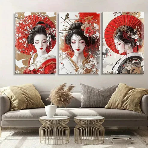 3pcs Women Red Umbrellas Elegant Geisha Perfect Wall Art Canvas Unframed - High Quality Print 100% Australian Made Wall Canvas