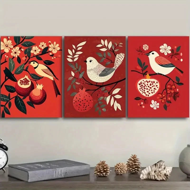 3pcs Pomegranates and Birds Theme Art Deco Wall Art Set Canvas Framed 50x70cm - High Quality Print 100% Australian Made Wall Canvas Ready to Hang