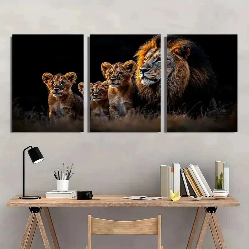 3pcs Majestic Lion Family Portrait Decor Wall Art Set Canvas Framed 40x60cm - High Quality Print 100% Australian Made Wall Canvas Ready to Hang