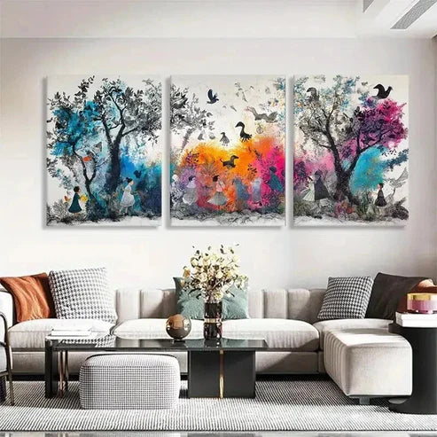 3pcs Whimsical Trees Birds Colorful Nature Wall Art Set Canvas Unframed - High Quality Print 100% Australian Made Wall Canvas