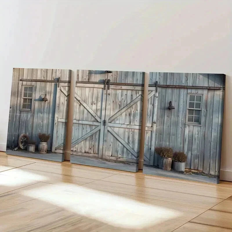 3pcs Rustic Barn Door Design Vintage Farmhouse Wall Art Set Canvas Framed 40x60cm - High Quality Print 100% Australian Made Wall Canvas Ready to Hang