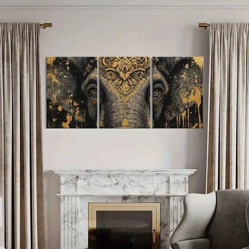 3pcs Golden Elephant Art Intricate Design Metal Print Ready to Hang Art