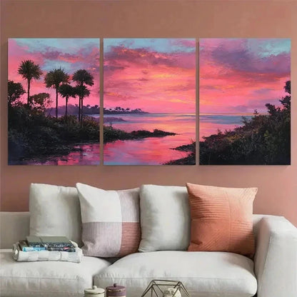 3pcs Coastal Serenity Pink Sunset Perfect Wall Art Set Canvas Framed 60x90cm - High Quality Print 100% Australian Made Wall Canvas Ready to Hang