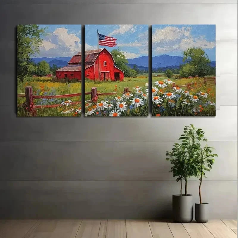 3pcs American Flag Red Barn & Floral Farmhouse Metal Print Ready to Hang Art