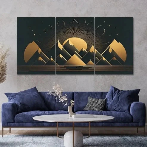 3pcs Golden & Black Triangular Mountain Wall Art Canvas Unframed - High Quality Print 100% Australian Made Wall Canvas