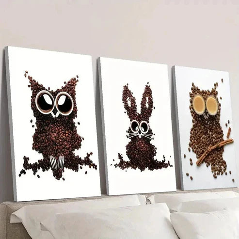 3pcs Owl Bunny & Rabbit Designs with Coffee Cup Wall Art Canvas Unframed – High Quality Print 100% Australian Made Wall Canvas