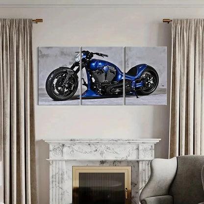 3pcs Blue Retro Motorcycle Vehicle Wall Art Set Canvas Framed 40x60cm - High Quality Print 100% Australian Made Wall Canvas Ready to Hang