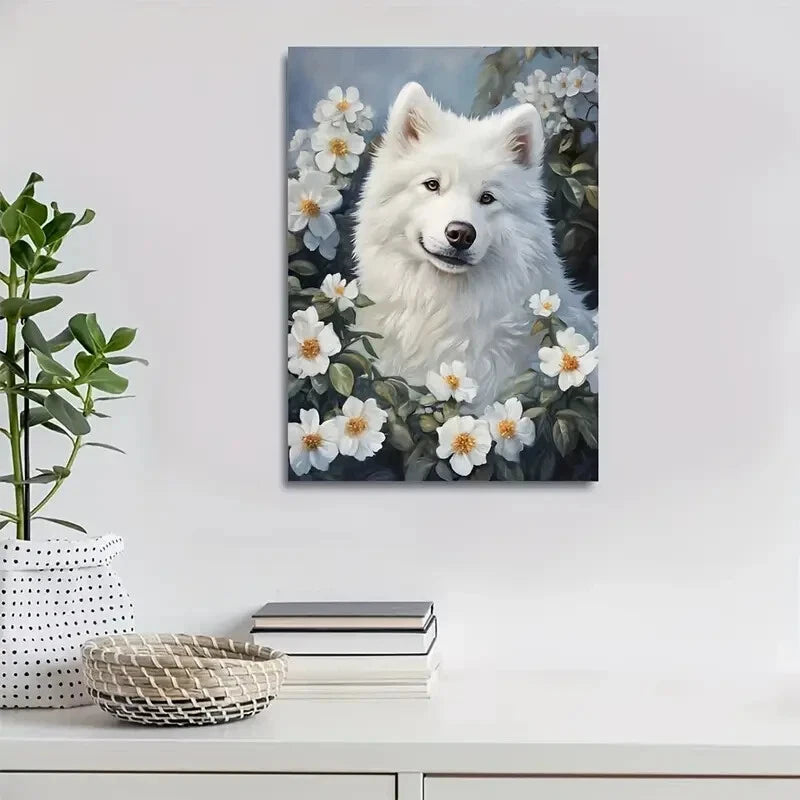 Cute Samoyed Dog with Floral Wreath Painting 40x60cm Metal Print Ready to Hang